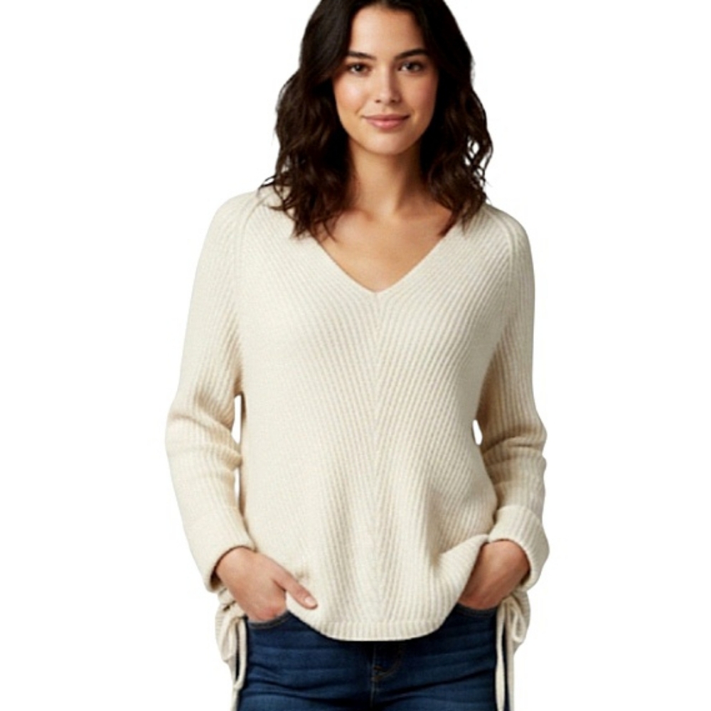 Umgee Oversized Ribbed Knit Side Lace Up Sweater Cream V-neck Size Medium